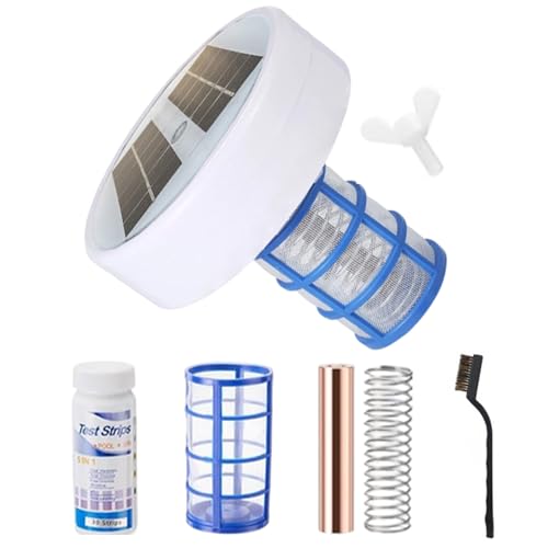 Purificador de agua ionizador de piscina solar con luz, cepillo y tiras de prueba, desinfectante de la piscina de iones de cobre para piscinas sobre el suelo de hasta 35, 000 galones, algas y nu