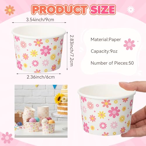 Image of Funnymoom 50 Pack Groovy Ice Cream Cups 9 oz Boho Daisy Disposable Dessert Bowls Flower Paper Soup Bowls Snack Cups for Hot or Cold Food Daisy Retro Hippie Baby Shower Wedding Birthday Party Supplies