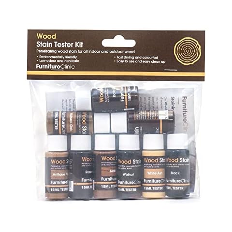 Furniture Clinic Wood Stain (Tester Kit) - Fast Drying, Highly Concentrated, and Easy-to-Apply Wood Stain for All Indoor & Outdoor Wood - Water Based & Non-Toxic - 9 x 15ml Cover
