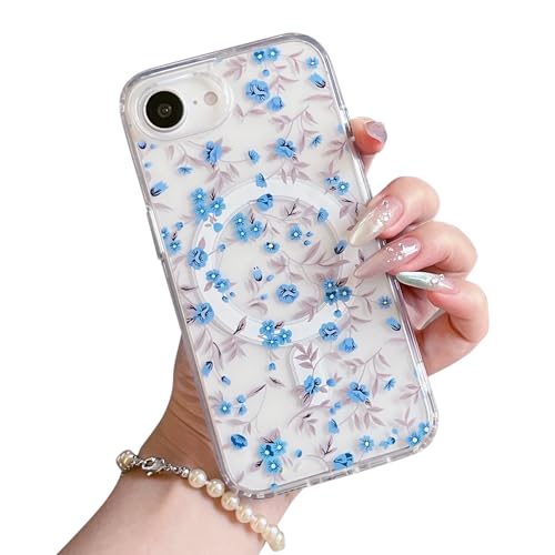 Coque Magsafe iPhone 14 transparente et anti-jaunissement avec motif fleur bleue antichoc