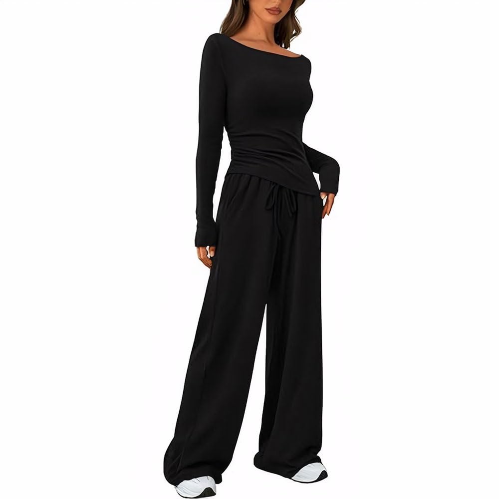 Conjunto Deportivo Mujer 2 Piezas Sudaderas Manga Larga y Pantalón Anchos Rectos con Bolsillo Cómodo Moda Color Sólido Mono para Fitness Jogging