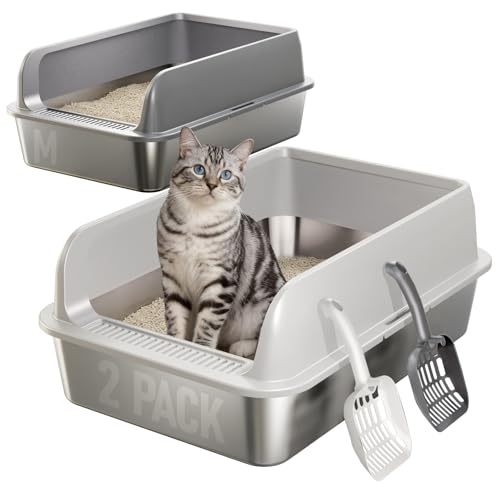 2 Pack Katzenklo Edelstahl Gehege mit Deckel große Katzentoilette aus Edelstahl Katzenklo Mit Hochwandigem Seitengehäuse Nicht-Klebrig Auslaufsicher & Einfach zu Reinigen nklusive Schaufel M