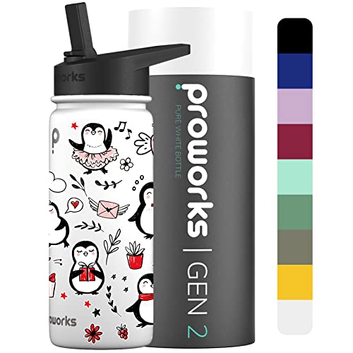 Proworks Gen 2 Botella Agua Acero Inoxidable con Pajita 540ml Botella Termica para 24 Horas de Frío, 12 Horas de Calor Agua a Prueba de Fugas para el Gimnasio, Viajes Blanco Puro Grupo de pinguinos