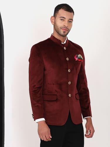 Image of MANQ Men Slim Fit Bandhgala Velvet Blazer - Mandarin Collar, Button Closure, Long Sleeves, Solid Ethnic Winter Wear with Three Pockets for Adults