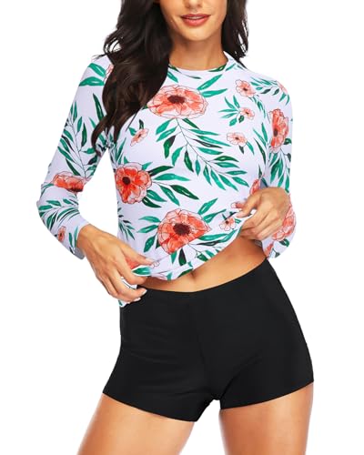 Image of Daci Women Two Piece Rash Guard Long Sleeve Swimsuits with Short UPF 50+ | UPF 50+,High Waisted Short,Long Sleeve,High Neck,Built-in Brief,Quick Dry