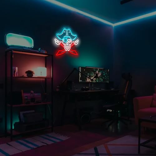 Image of Pirate Skull Neon Sign, USB Powered LED Light for Room Decor | Skull Wall Decor for Bedroom, Game Room, Halloween Party, Bar, Pirate Theme and Gift