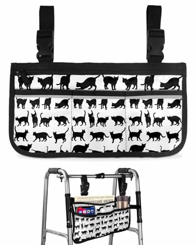 Black Cat Wheelchair Side Bag Walker Bag Basket, Modern Cartoon Animals Minimalist Wheelchair Accessories Armrest Pouch, Organizer Storage Bags for Walkerers, Rollators, Scooters, 7.3