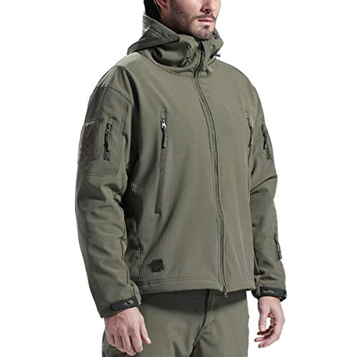 FREE SOLDIER Herren Winterjacke Military Softshell Jacken Outdoor Fleecefutter Winddichte Wasserdichte Jacke mit Kapuze Warme Taktische Jacken mit Mehreren Taschen für Jagdausflüge (Grün,2XL)