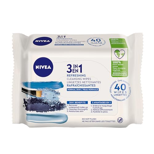 NIVEA 3-in-1 Refreshing Face Cleansing Wipes Normal and Combination Skin (40 Count), Biodegradable Wipes Made from 100% Plant Fibres, Makeup Remover Wipes Cleanse, Moisturize and Refresh Skin
