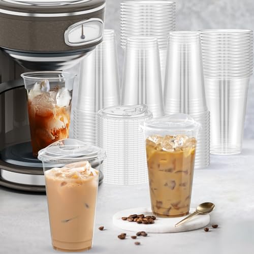 image for Dealusy 100 Pack - 20 oz Clear Plastic Cups with Lids, Sturdy & Food S
