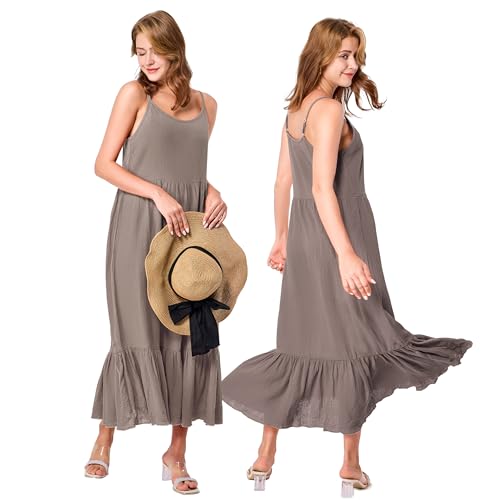 Image of Simple&Opulence Women Summer Casual Cotton Maxi Dress, Loose Sleeveless Spaghetti Strap Tiered Boho Flowy Sundress for Beach