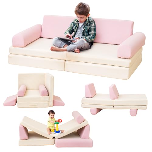 Lamerge Modular Kids Couch, Sectional Toddler Play Sofa for Playroom, Convertible Foam Sofa, Multi-Combination Playing Couch for Developing Imagination (Pink+Beige)