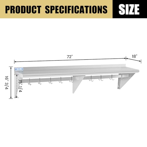 Image of Hally Stainless Steel Shelf with 9 Hooks 18 inch x 72 inch Wall Mounted Pot Rack 500lb, NSF Commercial Floating Shelving for Storage Hanging Pots, Pans, cookware in Restaurant, Kitchen, Home and Hotel