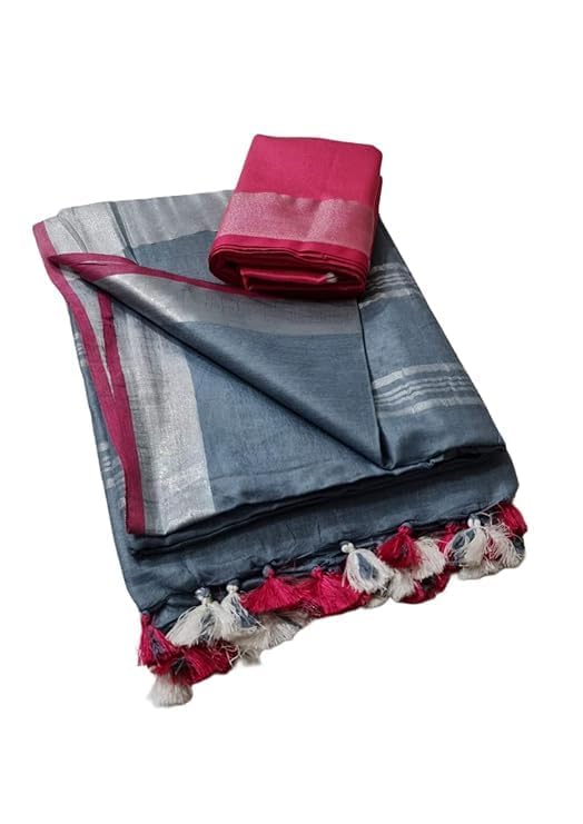 Image of STB-SILK TEXTILES BHAGALPUR Women's Linen Slub Saree With Contrast Blouse Piece