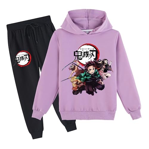 Satdflie japonés Anime Demon Slayer Lounge Wear Sets Sudadera de manga larga con pantalones de sudar Trajes de 2 piezas Unisex Sudadera con capucha Traje completo, púrpura, S