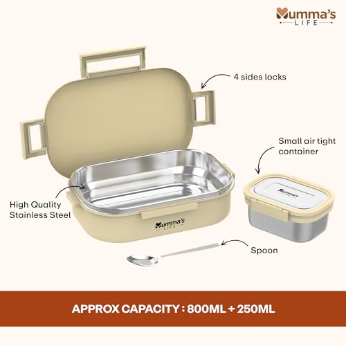 Image of Mumma's LIFE Stainless Steel Tiffin Box with 4 Side Lock Lid, 910 ml and Inner Stainless Steel Container, 135 ml, Food Grade | Air Tight | Easy to Carry | Leak Proof (Mini Kick Lunch Box Yellow)