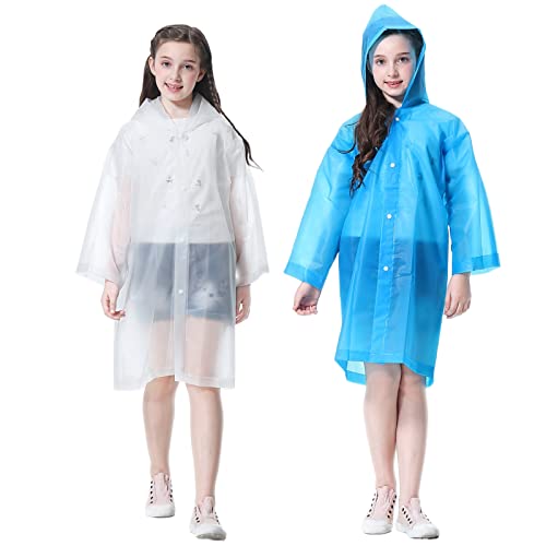 Image of Rain Poncho for Kids Boys Girls - 2 Pack Reusable Waterproof Rain Coat Jacket for Teen Disney, Clear Pink Yellow Blue Purple