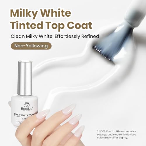 Image of Beetles Milky White Gel Top Coat, 2-in-1 Glossy Top Coat Gel Nail Polish | 15ml No Wipe Top Coat Nail Polish Non Yellowing Milky White Gel Polish Shine Finish and Long Lasting, Soak Off UV Nail Lamp