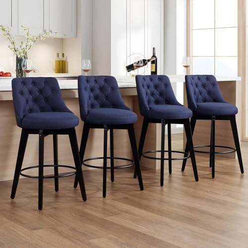 Virabit Swivel Bar Stools Set of 4, Linen Counter Height Bar Stool with Back, Upholstered Bar Stools for Kitchen Island, Dining, Cafe, Pub (Navy Blue)