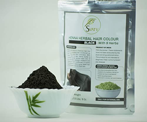 Svatv Black Henna Hair Color With Goodness Of 9 Herbs | Black Henna Mehndi For Hair, Make Hair Soft & Shiner Natural Hair Color For Men & Women 227G,08Oz Half Pound #TOP3