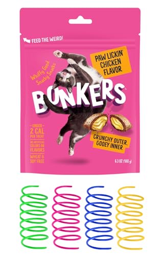 Bonkers Cat Treats, Paw Lickin' Chicken Flavor, Crunchy Outer Gooey Inner, Wheat and Soy Free, 6.3 oz Bag with Colorful Spring Cat Toys, Under 2 Calories per Treat