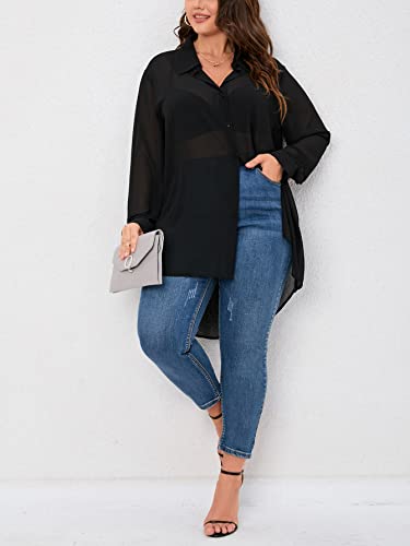 MakeMeChic Women's Plus Size Chiffon Button Down Blouse Long Sleeve High Low Button Up Shirt4