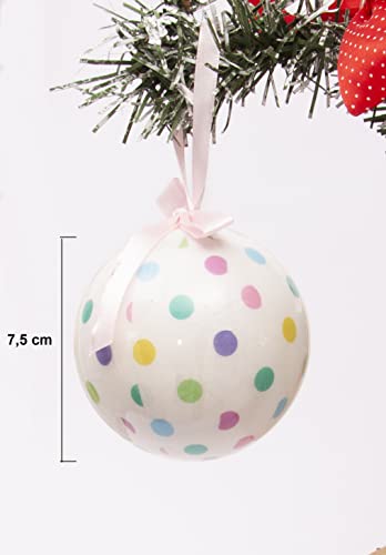Ciao Set of 6 decoupage Christmas Tree Balls (diameter 7,5cm) Dots, Hearts & Stars with fabric ribbon in havana giftbox - Image 3