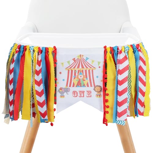 Image of Circus Carnival First Birthday Highchair Banner - Pre-strung Reusable Burlap & Satin Garland for Cake Smash Photos, Boys & Girls 1st Birthday Party Decor