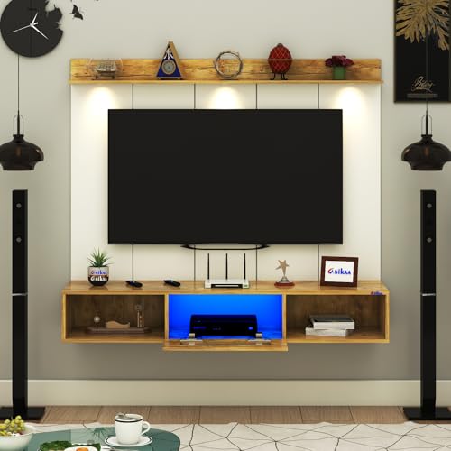 Image of Anikaa Novus PVC Back Panel Wall Mounted TV Unit with Spot & Blue Ambient LED Light - Acrylic Storage Box, Display Shelf & Soft-Close Hinges | Ideal for UP to 50 Inch TV (GiantWood - DIY Installation