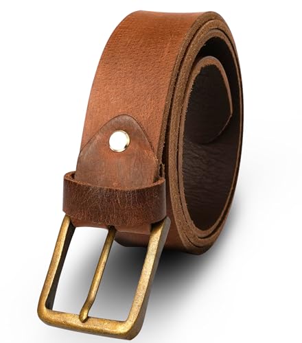 Men's Double Row Stitch Full Grain Leather Belt, Western Style, Cowboy Casual Accessory, Handmade, Large, Brown