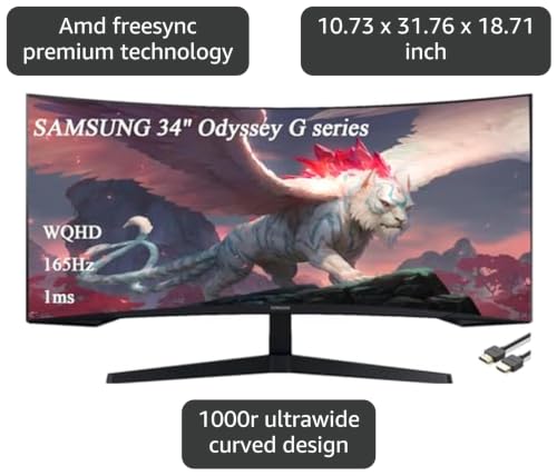 Image of Samsung 34 inch Odyssey G Series WQHD Gaming Monitor, Curved, 165Hz, 1ms, FreeSync Premium, 1000R UltraWide, Black, with GSF HDMI Cable