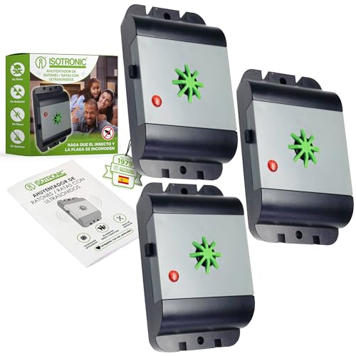 ISOTRONIC Ahuyentador de Ratones y Ratas por ultrasonidos | Repelente de plagas ultrasónico para Interiores y Exteriores | Elimina plagas del sótano, jardín y gallinero sin Veneno | Set de 3