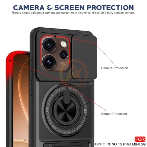 Image of Oppo Reno 15 Pro Mini 5G Back Cover | Armor Camera Slider 360 Degree Rotating Finger Ring Holder Case with Bracket Stand Back Case Cover (Compatible with MagSafe Accessories) (Black)