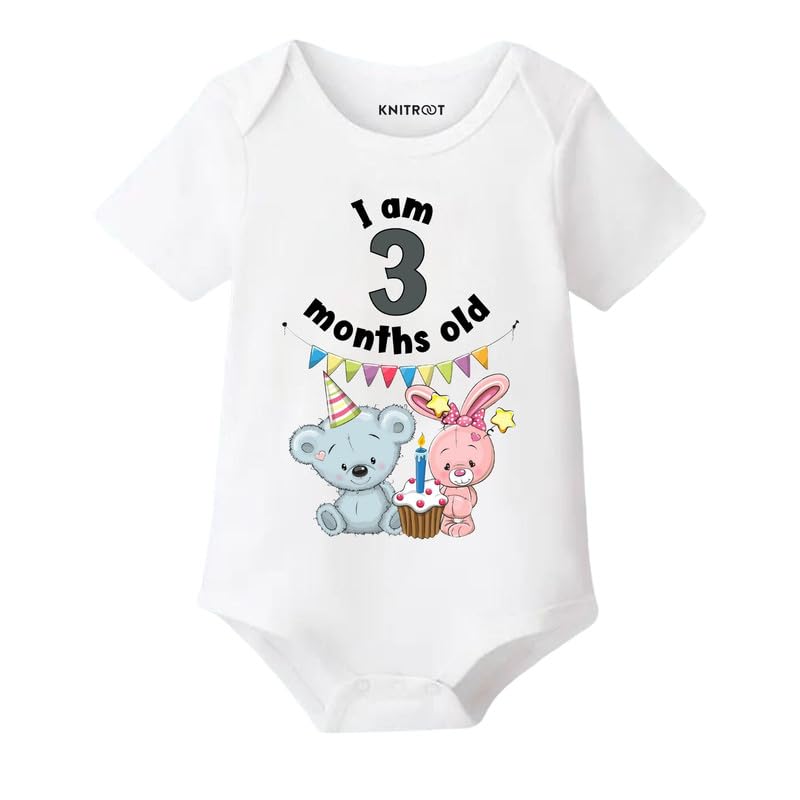Image of KNITROOT Monthly Birthday Special Unisex Baby Romper Half Sleeve White Color