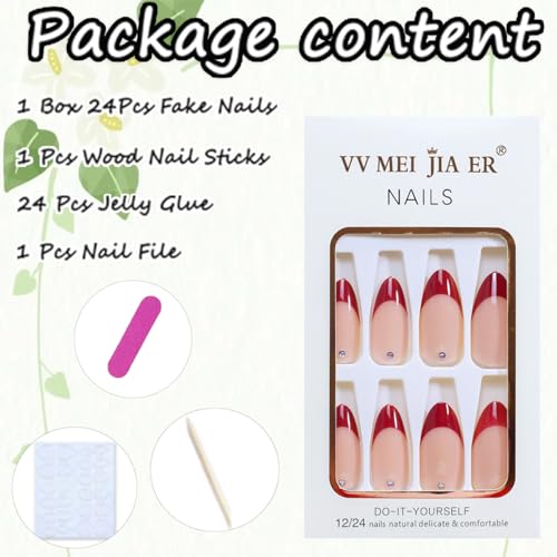 Red Press On Almond Fake Nails with Glossy Glue - Medium False Nails, Full Cover Acrylic Artificial Nails (24Pcs)
