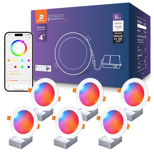 DUSKTEC Smart Recessed Lighting 4 Inch Color Changing LED Recessed Lights Compatible with Alexa 10W RGBW Recess Ceiling Light Canless Wafer Downlight with Junction Box 1000LM (6 Pack)