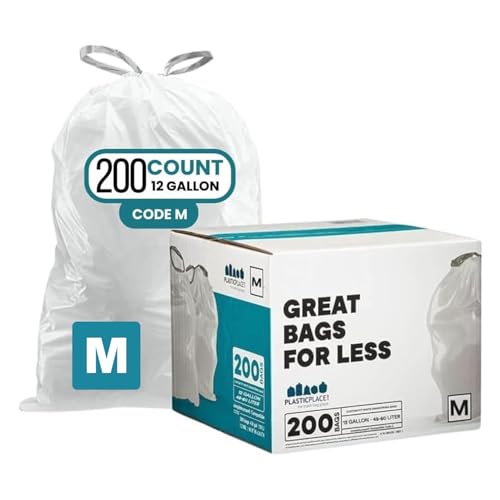 Plasticplace Custom Fit Trash Bags Compatible with Simplehuman Code M 12 Gallon Drawstring Garbage Bags 200 Count Tear-Resistant Trash Can Liners for Kitchen and Office 1.2 Mil White 21