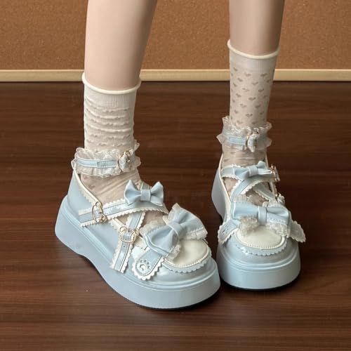 Cute Mary Jane Shoes for Women Round Toe Chunky Platform Cross Strap Ribbon Bow Lace Bunny Leather Lolita Kawaii Aesthetic3