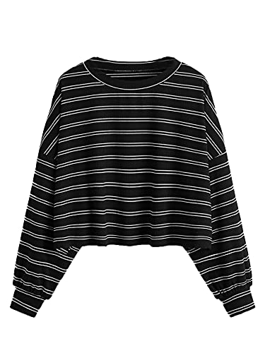Floerns Women's Plus Size Long Sleeve Striped Oversize Pullovers Crop Top Tee Black 3XL