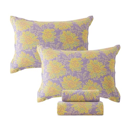 Image of FADFAY Sunflower Sheets Set Queen Vintage Yellow Purple Floral Bedding Shabby Farmhouse Bedding Super Soft Washed Double -Layer Muslin Sheets 100% Cotton Deep Pocket Fitted Sheet 4Pcs, Queen Size