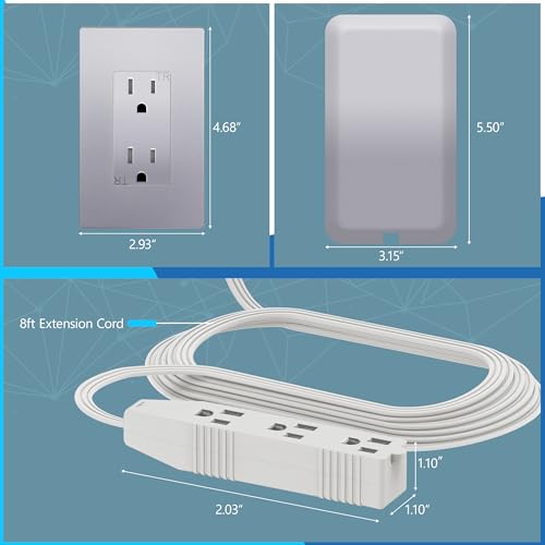 Image of LIDER Flat-Face Outlet Extender with 3 Receptacles, Ultra-Thin Wall Plate Plug with Cord Extender and 3-Outlet Power Strip, 8ft Cord, LWE8-315-SV, 1625W, ETL Listed, Matte Silver, 1-Pack