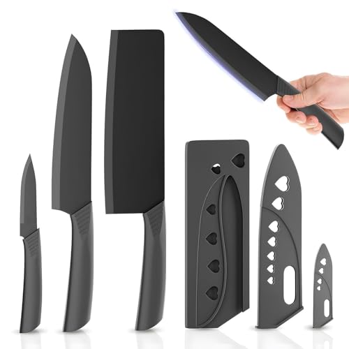 Image of Qshare 3 Piece Professional Kitchen Knife Set with High Carbon Stainless Steel Black Coated Blades, Ergonomic Anti-Slip Handles, and Chef, Santoku, Utility Knives for Home and Restaurant Use
