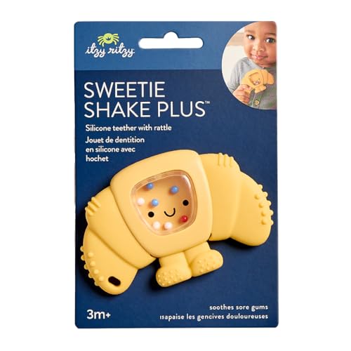 Image of Itzy Ritzy Silicone Rattle Teether- BPA-Free Silicone Teether with Rattle for Babies & Toddlers - Features a Gentle Rattle Sound, Colorful Beads & Multiple Textures (Croissant)