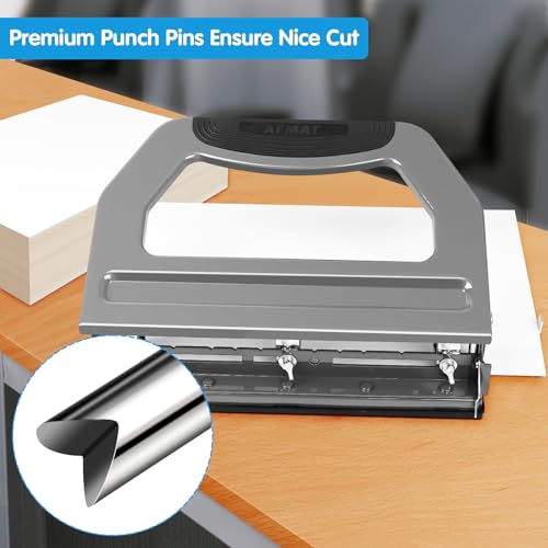 Image of AFMAT 3 Hole Punch Heavy Duty, 9 /32 inch Holes, 50-Sheet Hole Puncher 3 Ring, 50% Reduced Effort, Adjustable Two & Three Hole Punch, Metal Paper Puncher w /Large Chip Tray, Metal Paper Guide, Gray, HP18