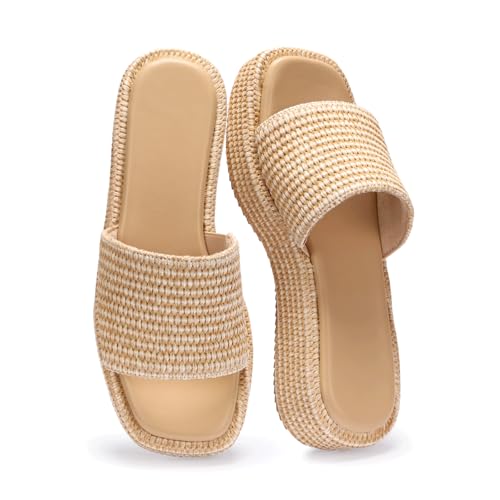 Image of Monrovia Platform Sandals Women Raffia Espadrille Slides, Woven Straw Flatform Beach Sandals Women, Slip On Summer Vacation Shoes, Comfortable Casual Daily Wear