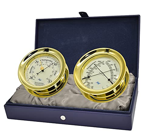 MASTER-MARINER All Aboard Collection, Nautical Windlass Gift Set, 5.85” Diameter Barometer and Comfort Meter Instruments, Gold Finish, Blue Peter dial