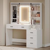 Hzuaneri Dressing Table with Adjustable LED Lights, Sliding Large Mirror, Vanity Desk with Jewellery Storage, Open Shelves, 5 Drawers, Modern Makeup Desk with Bedside Table for Bedroom, White DT33103X