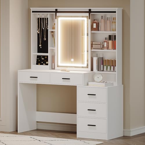 Hzuaneri Coiffeuse avec Lumières LED Réglables,Coiffeuse avec Rangement pour Bijoux, Étagères Ouvertes, 5 Tiroirs, avec Table d'appoint, pour Chambre à...