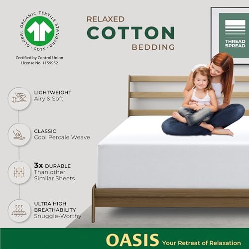 THREAD SPREAD 100% Organic Cotton Percale Weave Fitted Sheet Queen Size, White, 1 Deep Pocket Queen Fitted Sheet, Fits Mattress Upto 16" Crisp and Cool Bed Linen, Luxury GOTS Certified Sheets - Thumbnail 3