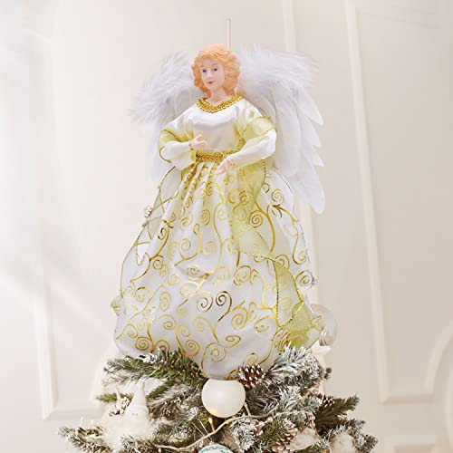 Angel Christmas Tree Topper Ornament With White Feather Wings, Xmas Trees Topper Star For Home Holiday Party Christmas Trees Decorations - Gold, 12 Inch #TOP3